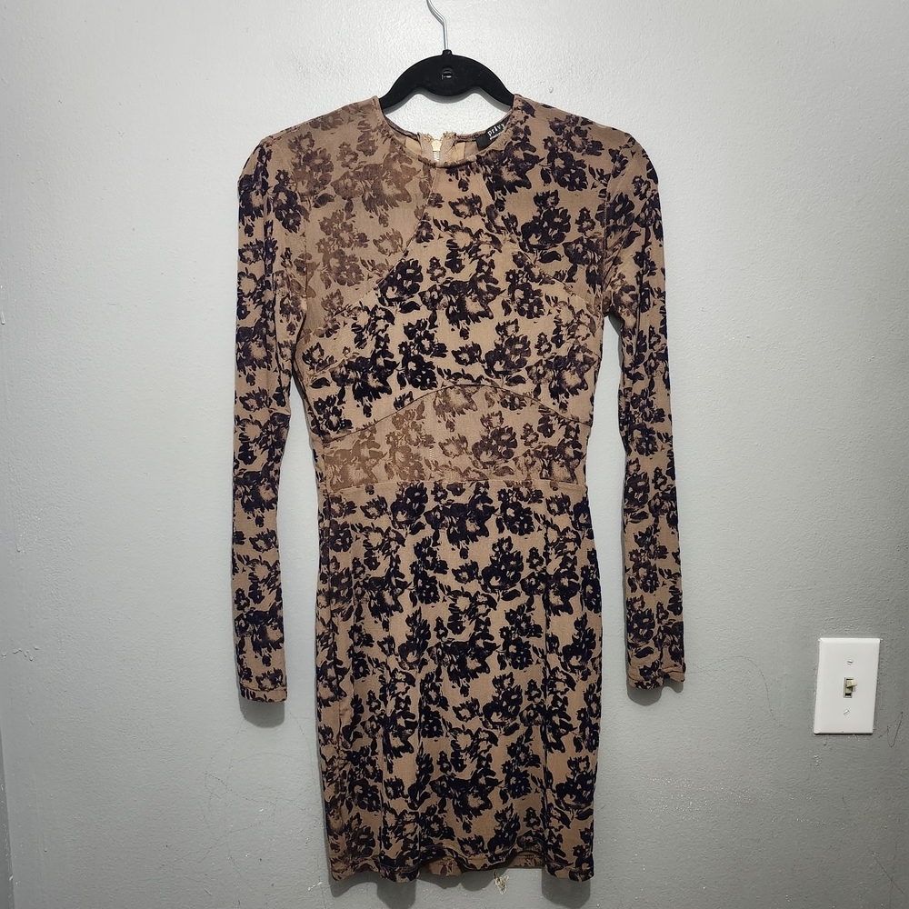 privy Tan Dress with Black Floral Print — Long Sleeve Velvet Burnout Size S